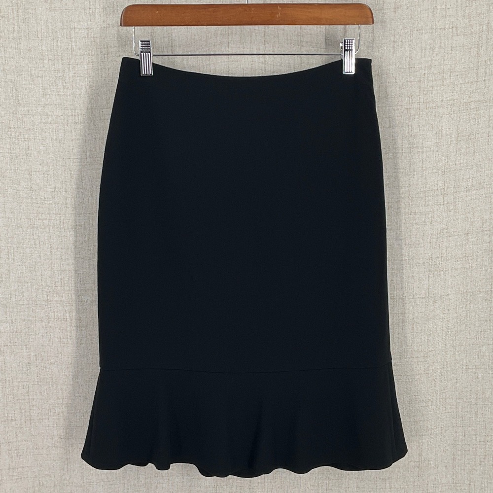 Ann Taylor Pencil Skirt Women 2 Black Triacetate Flounce Hem Classic Minimalist
